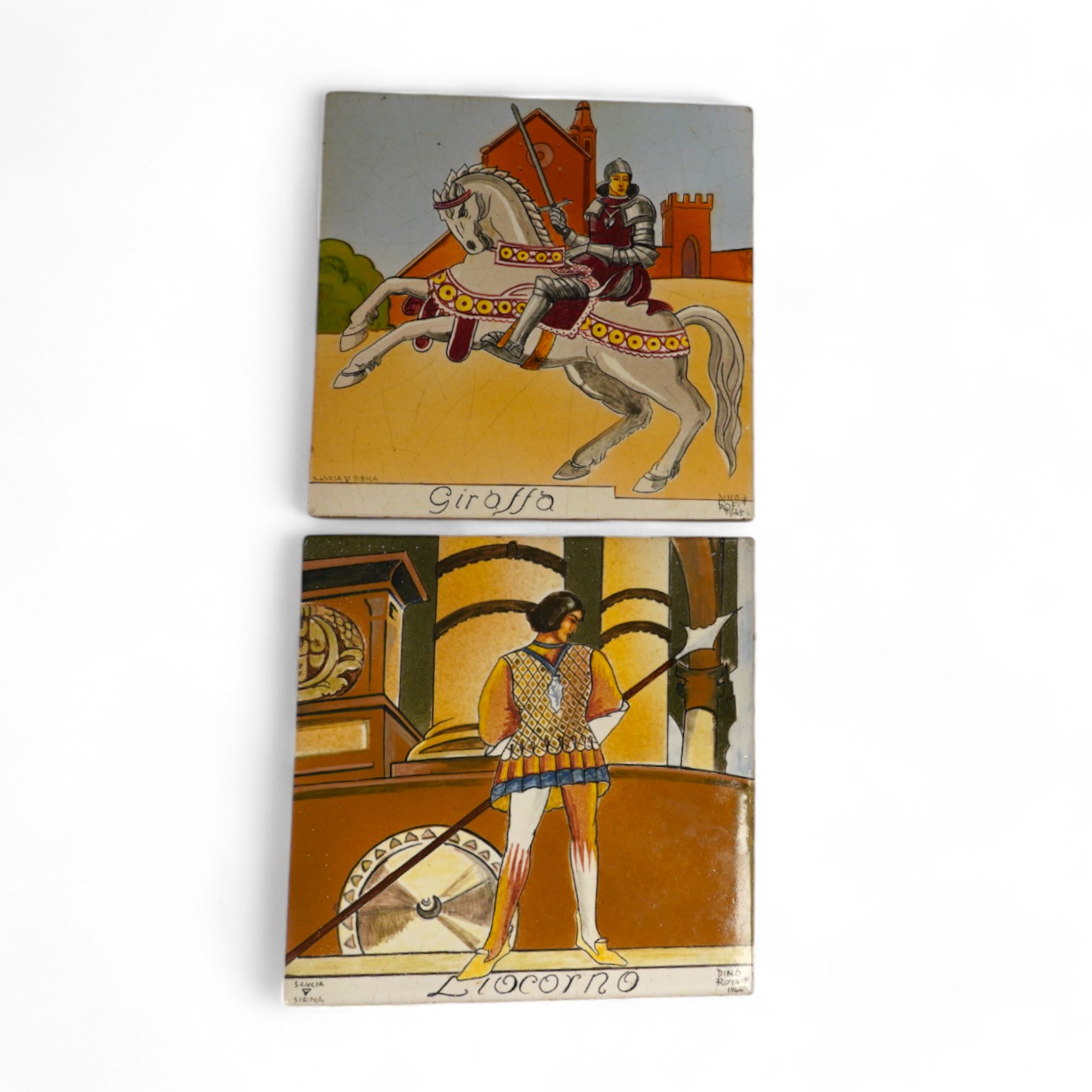 Dino Rofi, two S. Lucia, Sienna maiolica tiles, dated 1944 and 1945, decorated with Medieval scenes of warriors, 20 x 20cm. Condition - good